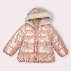 Mayoral Puffer Jacket Pink Hooded Faux Fur Trim Bow‎ Accent Size 36 Months